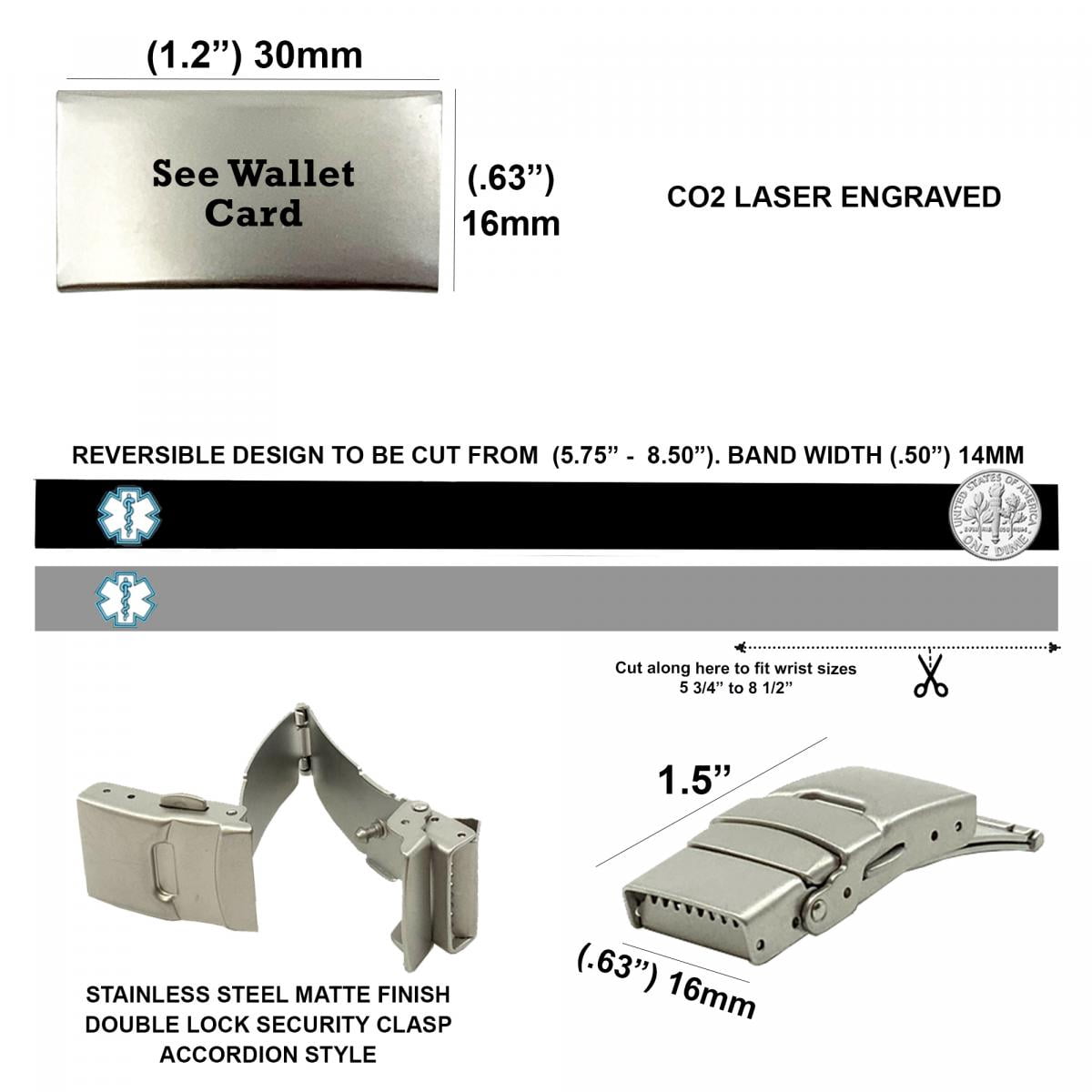 SEE WALLET CARD Sport/Slim Reversible Medical Alert ID Bracelet – Waterproof, Adjustable - View #7