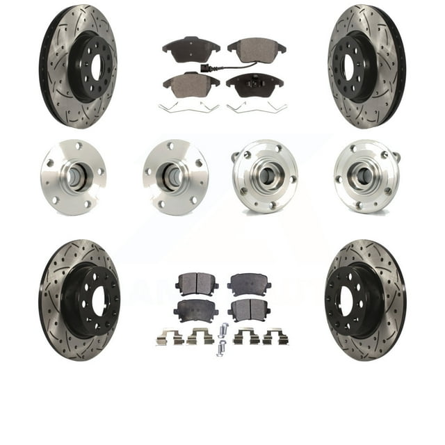 Transit Auto Front Rear Hub Bearings Assembly Coated Disc Brake Rotors and Semi-Metallic Pads Kit (10Pc) for Car 2011 Volkswagen GTI with 30mm Bearing Inside Diameter - Left Right Side KBB-120478