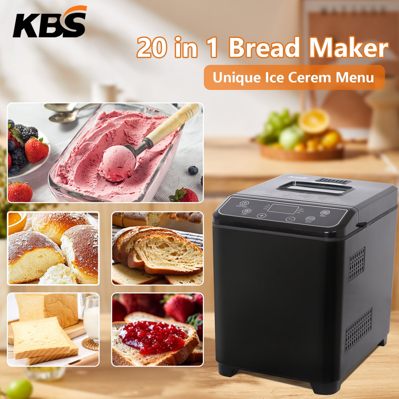 KBS  Bread Maker Machine with Ice cream program,20-in-1 2LB Fully automatic bread machine，DIY setting,15 Hour delay timer,Black Model#070 Ice cream version