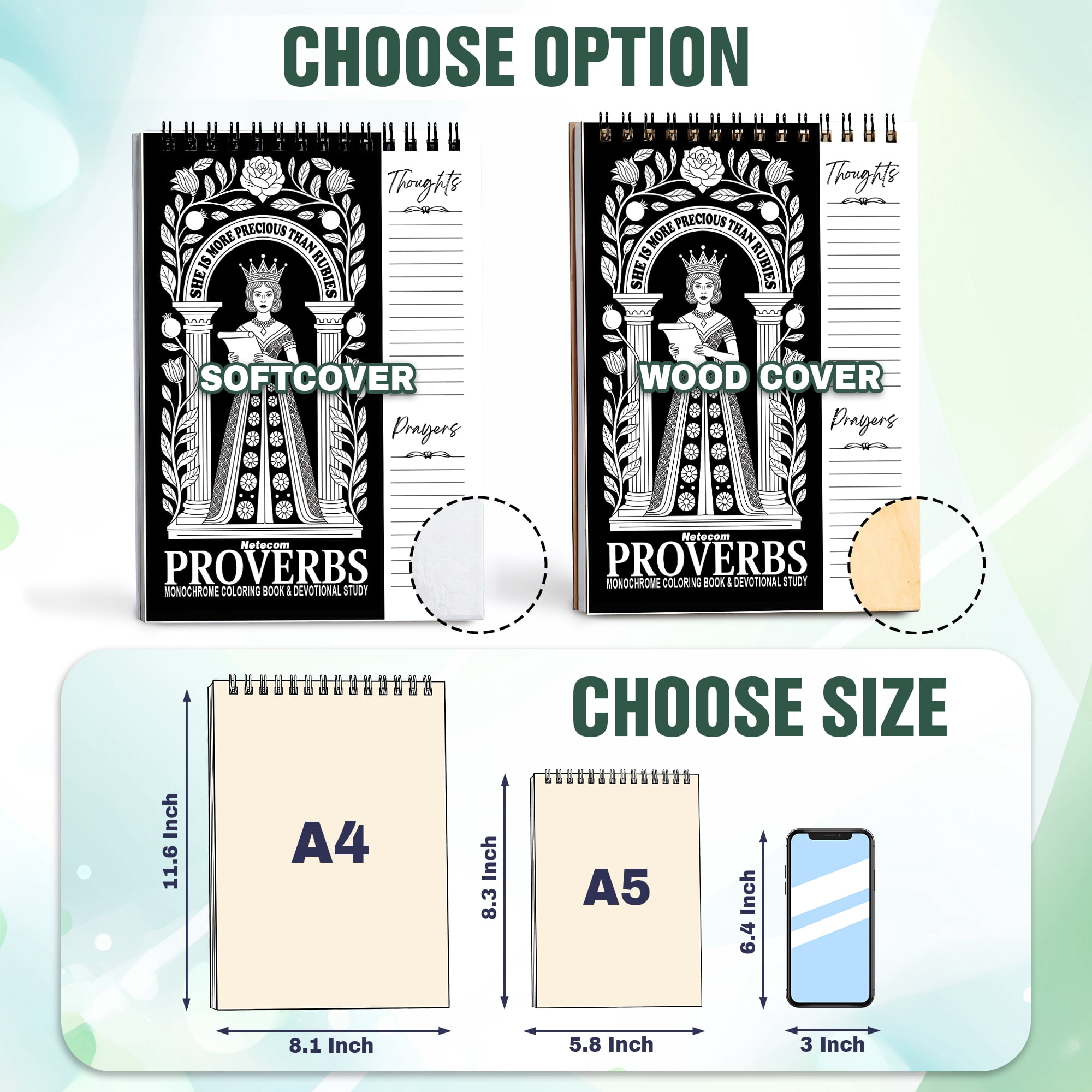 Proverbs Monochrome Coloring Book for Adults, 30 Minimalist Scripture Art Pages with Reflection & Prayer Space, Spiral Bound, A4 or A5 Softcover or Wood Cover