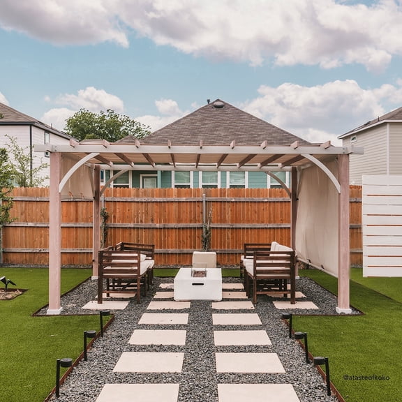 Sunjoy 12 ft. x 14 ft. Outdoor Pergola  Patio With Canopy Steel Frame Pergola for Backyard and Garden Shade, Light Gray