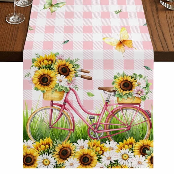 Table Runners 108 Inches Long Dress Scarves, Spring Farmhouse Coffee/Dining/Kitchen Table Runner for Living Room, Bicycles Blossom Botanical Sunflowers Pink Plaid 13x108 Inch