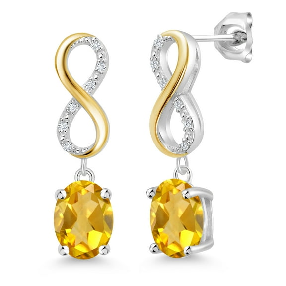 Gem Stone King 2.66 Ct Oval Yellow Citrine 925 Silver 10K Yellow Gold Lab Grown Diamond Dangle Infinity Earrings