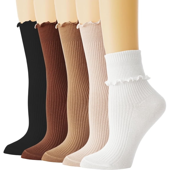 Ruffle Socks Woman, White Crew Cute Frilly Ankle Lettuce Dress Socks for Women Girls Turn-Cuff 5Pairs