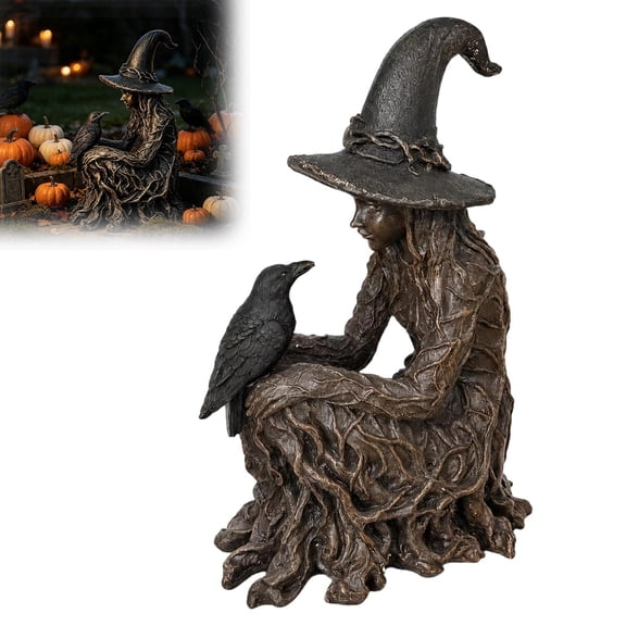 Gothic Witch and Raven Statue, Resin Figurine Home Decor, Dark Style Tabletop Decoration for Halloween, Shelf & Mantel Display