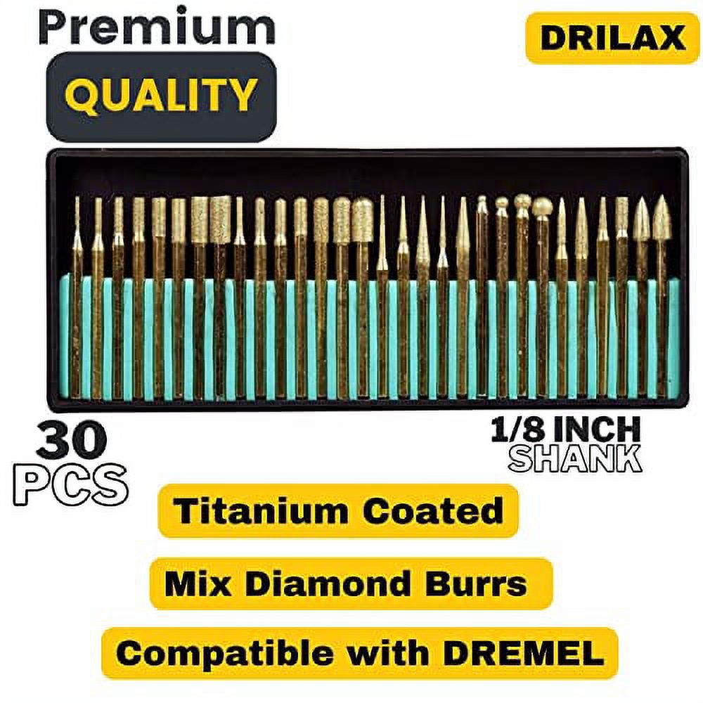 DRILAX Drill Bit Burr Set Diamond Coated Mixed Shapes Compatible with Dremel and Wen 30 Piece 1mm - 2mm - 3mm