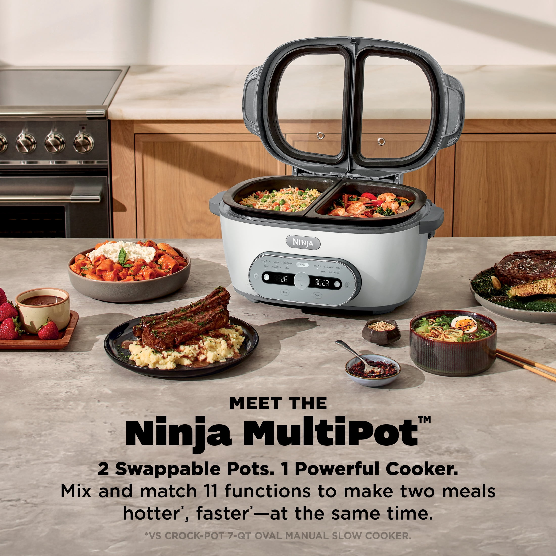 Ninja MultiPot 11-in-1 Multicooker with DualZone Technology, Cook 2 Meals At Once, Feeds 8, Slow Cook, Sear, Bake, Rice, Pasta, Hot Pot, 1500W, MZ1000WH White