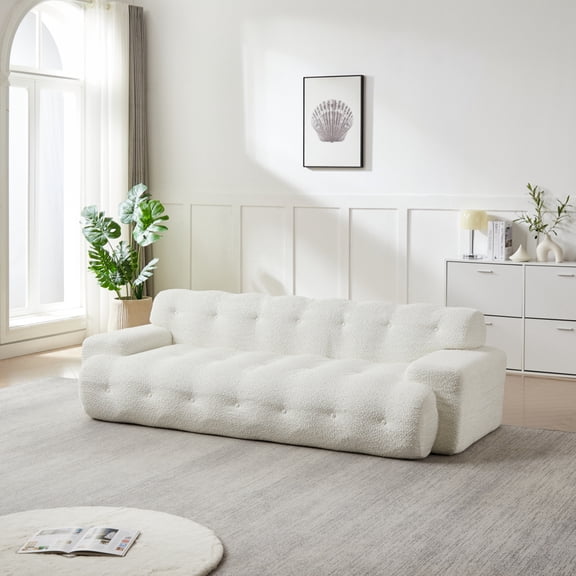87.4" Cloud Series Chenille Sofa - Minimalist Button-Tufted 3-Seater Square Arm Upholstered Couch,White