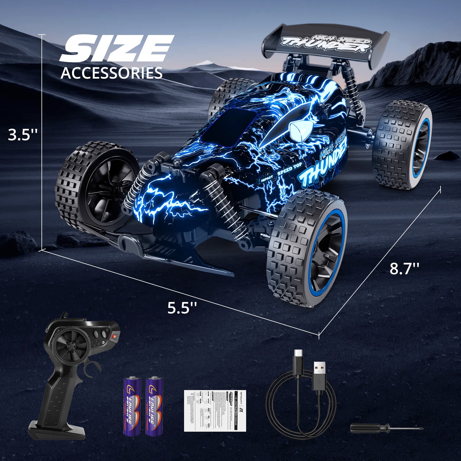 Tecnock Remote Control Car for Boys and Girls, 1:18 Scale RC Cars with LED Lights, 2.4GHz 2WD All-Terrain RC Trucks for 50-Min Play, Gifts for Kids