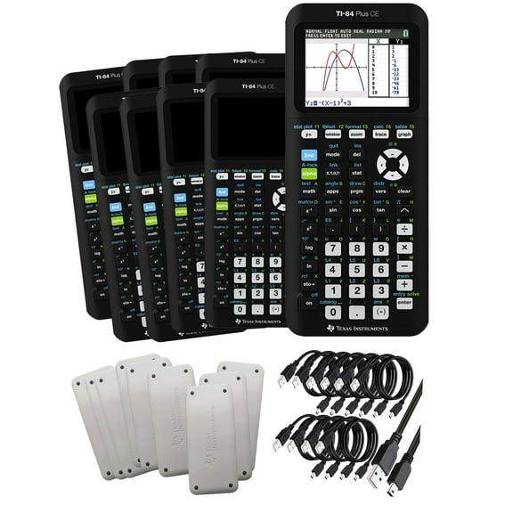 Pre-Owned Texas Instruments TI 84 Plus CE Black Graphing Calculator Remote Learning Kit - Classroom Set 10 Pack - No Dock