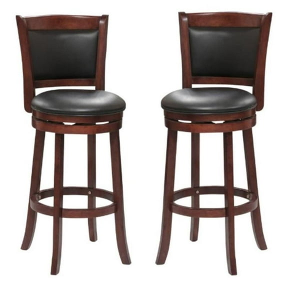 Pemberly Row Faux Leather Bar Stool Set with Wood Base in Dark Cherry - Set of 2