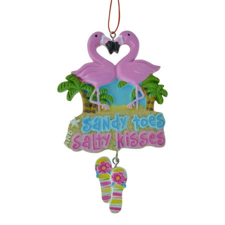 Flamingo Pair with Palms Sandy Toes Salty Kisses Sign Christmas Holiday