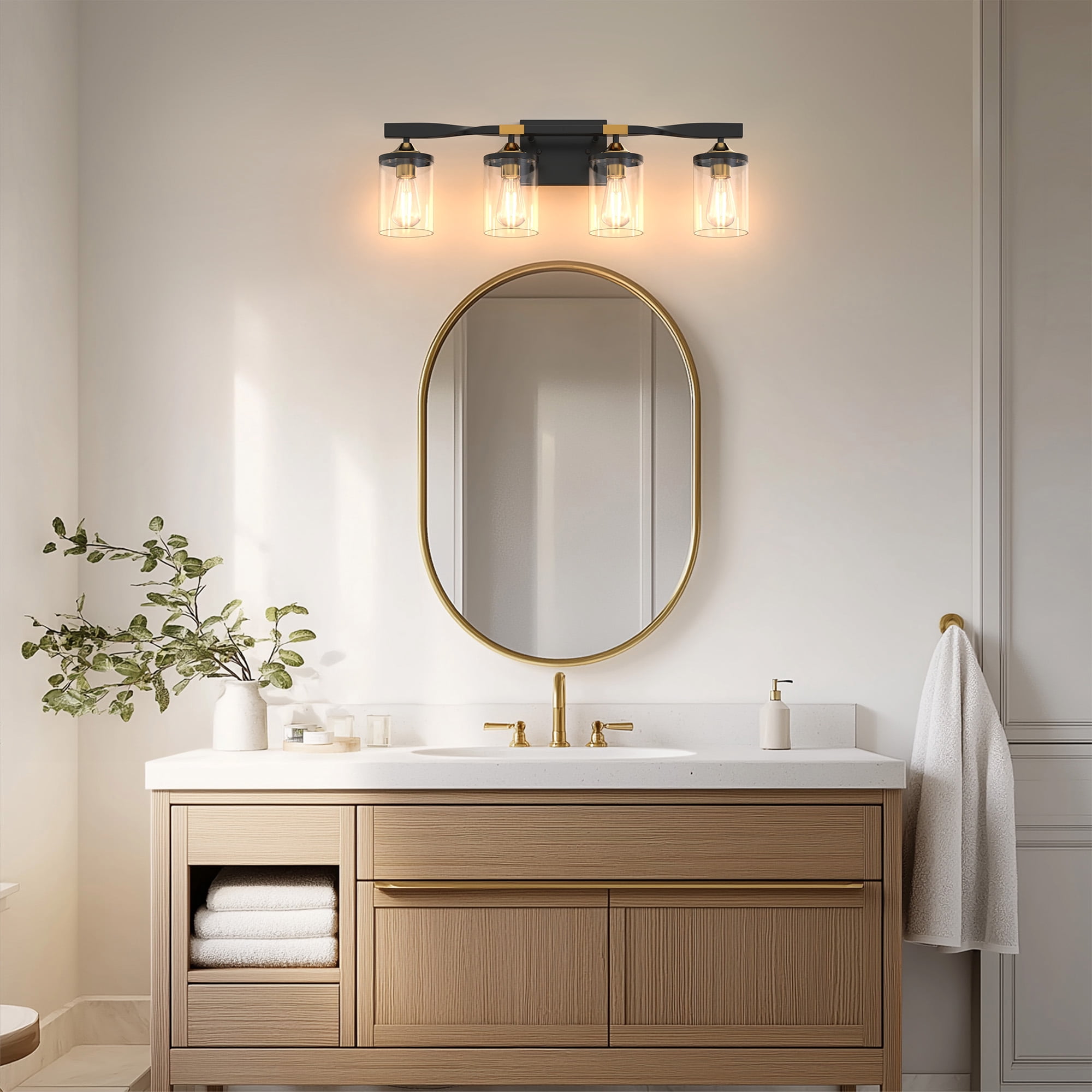 YANSUN 26.3 in 4 Light Black and Gold Vanity Light with Clear Glass Shades for Bathroom Living Room Bedroom Hallway