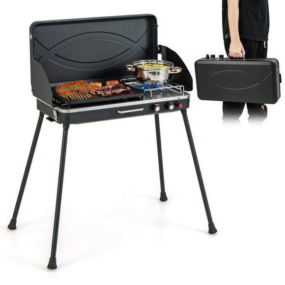 Costway 2-en-1 Gril au Propane 2 Brûleurs Camping Cuisinière à Gaz Portable w/ Jambe Amovible