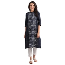 Band Collar Printed Kurta - Indigo-Medium