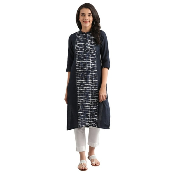 Band Collar Printed Kurta - Indigo-Medium