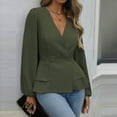 thumbnail image 5 of Lenpel Women's Business Casual Peplum Tops Lantern Long Sleeve Wrap Deep V Neck Layered Button down Shirts Dressy Work Blouses(Army Green,XX-Large), 5 of 7