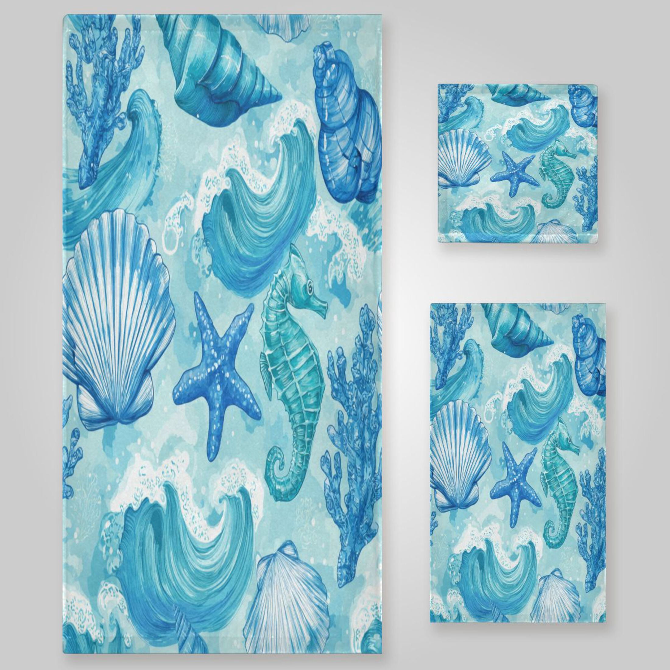 3 Pack Towel Set - Bath Towel, Hand Towel & Washcloth for Daily Household Use Nautical Blue Sea Life Art