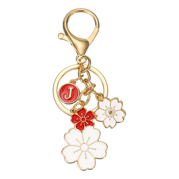 Uxcell Initial Keychain, Flower Charm Letter-J Key Chain Cute Cherry Blossom Letter Keyring for Women Car Keys Handbags Purse Backpack Accessory Gift, Red