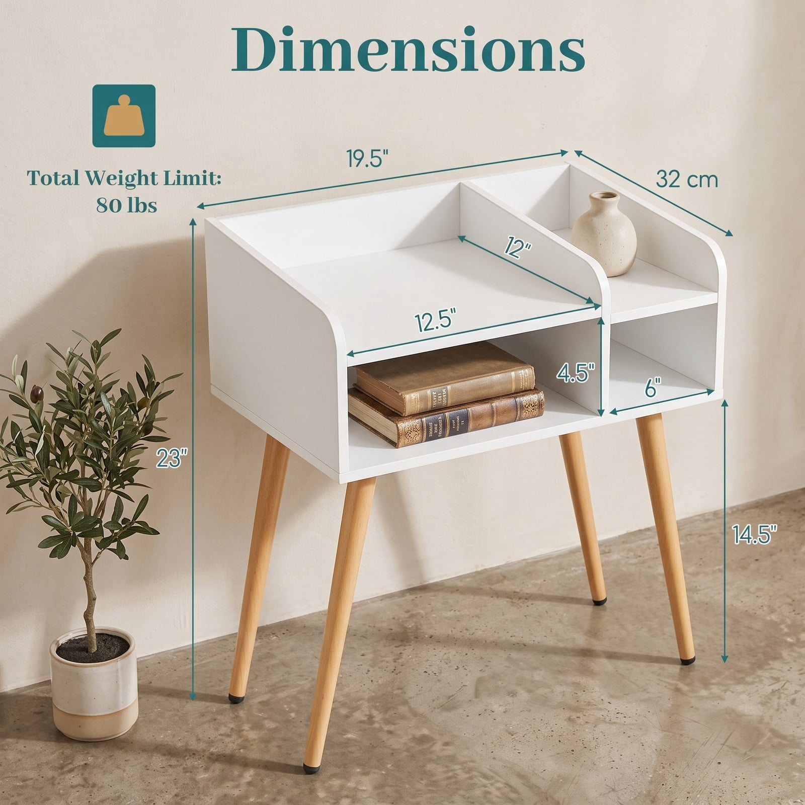 Furnibear Mid Century Modern Nightstand with Open Shelves and Wood Legs for Bedroom Living Room and Small Spaces as a Bedside End Table, White