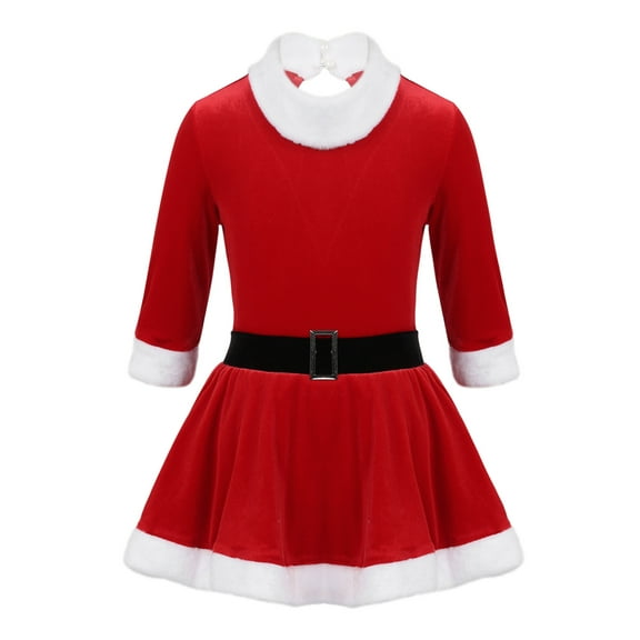 iEFiEL Kids Girls Christmas Miss Santa Costume Velvet Figure Skating Dance Leotard Dress
