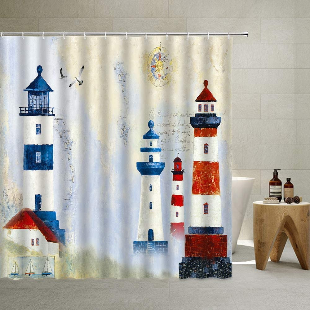 Sonernt Lighthouse Bathroom Shower Curtain Decor Set Funny Cartoon