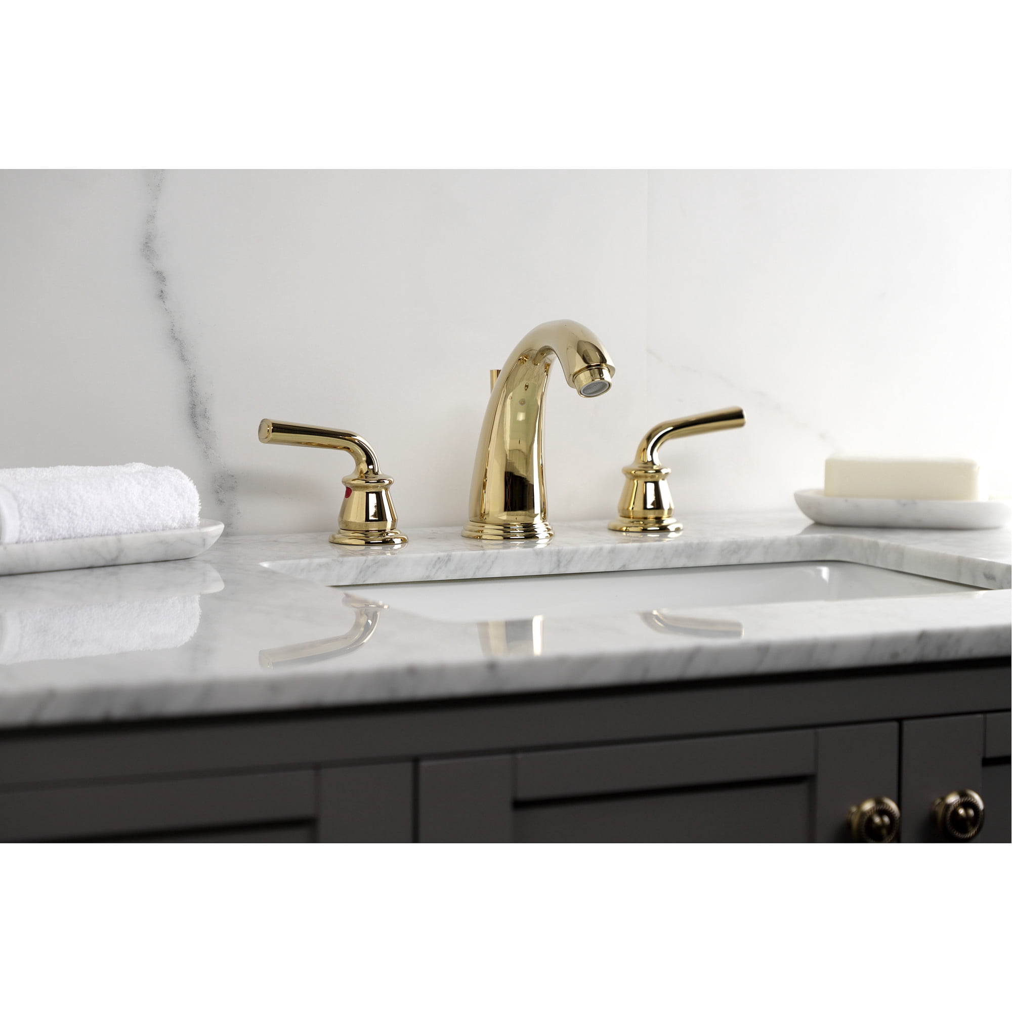 Kingston Brass KB982RXL Restoration Widespread Bathroom Faucet with Pop-Up Drain, Polished Brass