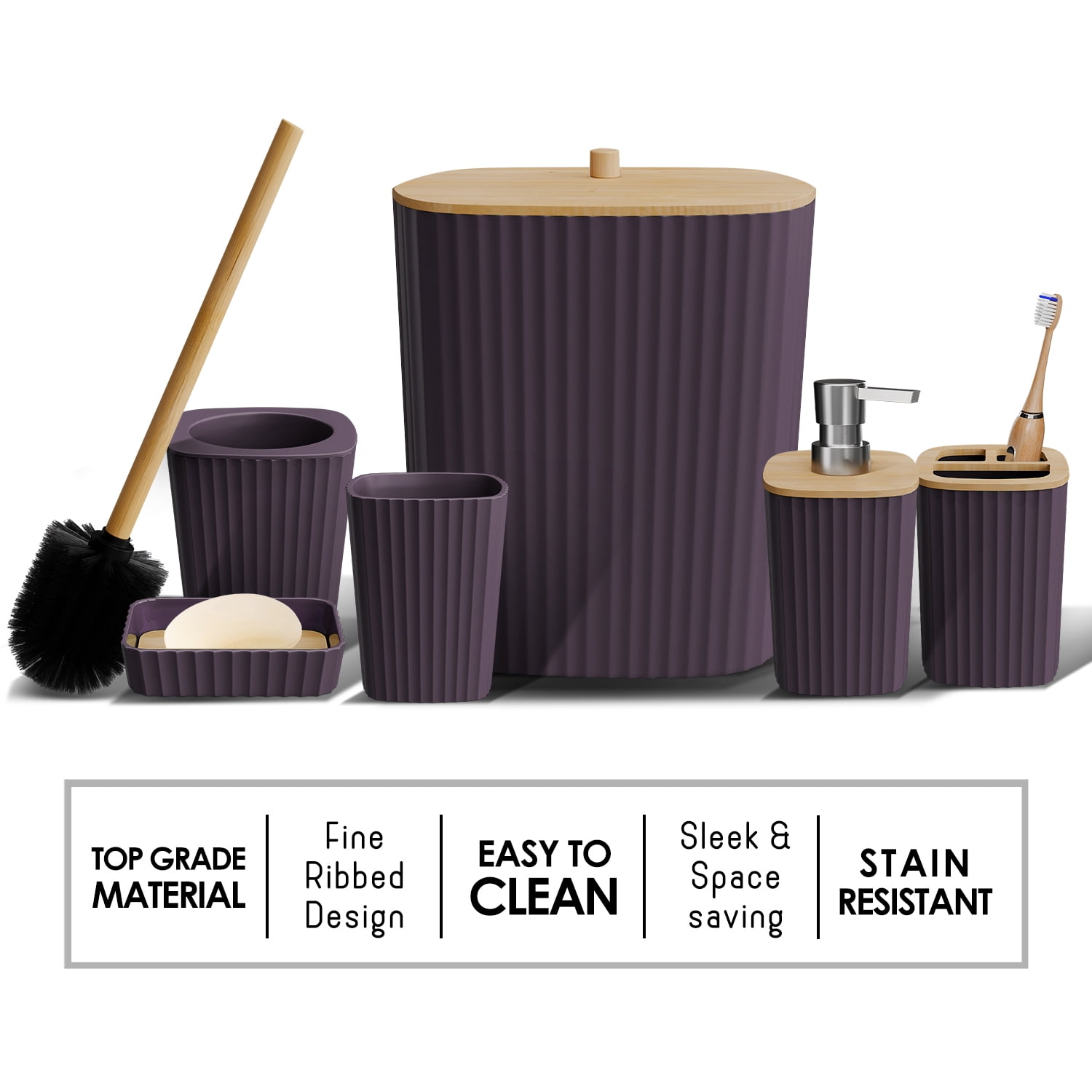 Virtu 6 Piece Bamboo Bathroom Sets, Purple Bathroom Accessories Set for Minimalistic Bathroom Décor