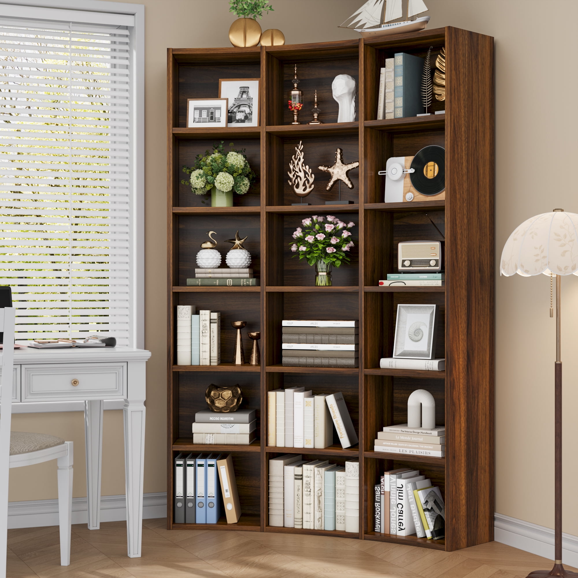Cikuso 71" Triple Width Bookcase, 18-Cube Curved Bookshelf Corner Bookcase, Curve Shape Display Storage Shelf for Living Room, Home Office, Brown