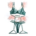 thumbnail image 1 of Lace Lingerie Set Feather Trim Chain Strappy 3/4 Cup Underwire Bra Panties with Garter Leg Loops for Honeymoon Dark Green Pink L, 1 of 4