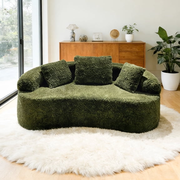 64.9" Curved double sofa, modern luxury plush chenille cloud floor sofa, extra deep seat, comes with 3 cushions, suitable for small spaces, no assembly required, retro green.