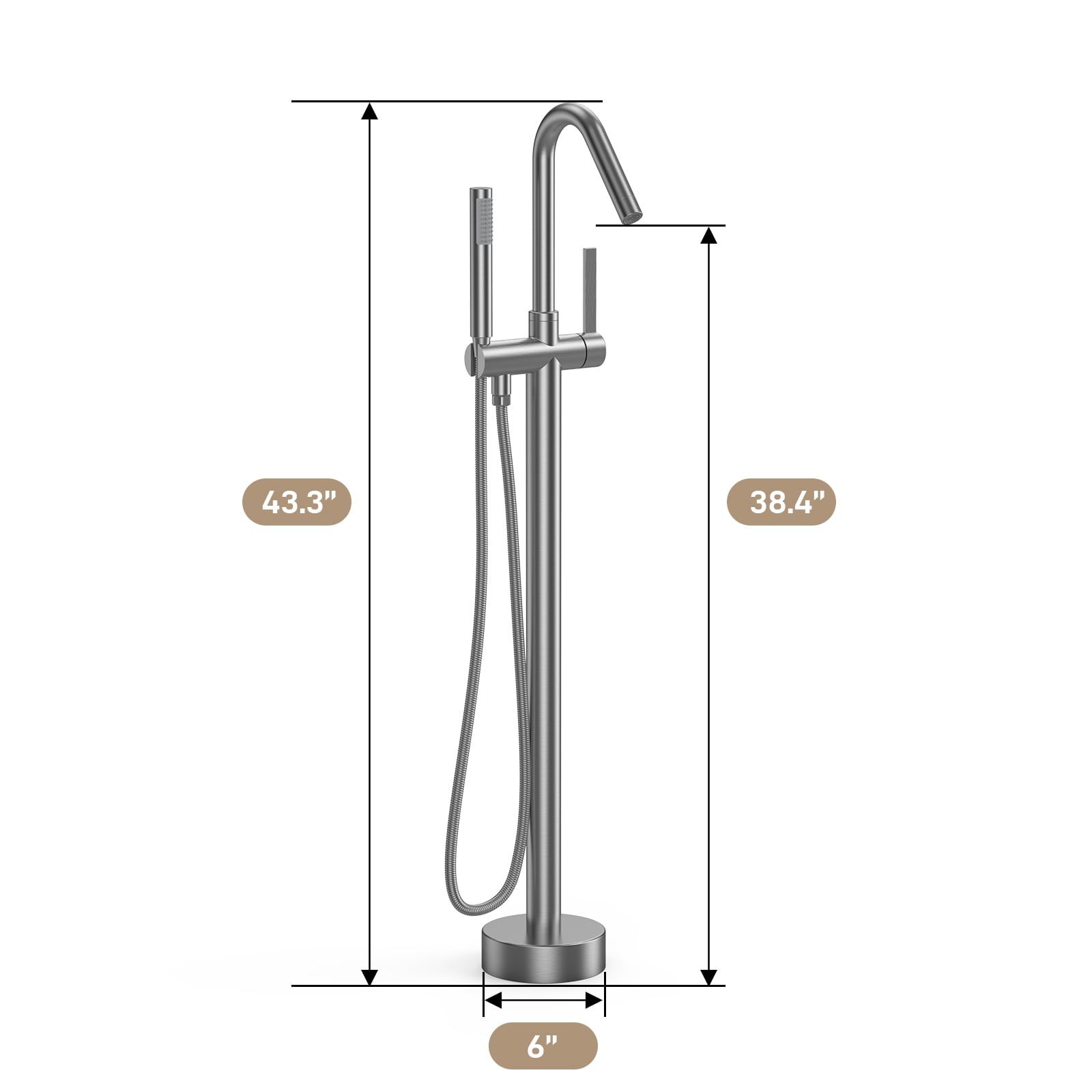 Freestanding Floor Tub Filler Standing High Flow Shower Faucets, Shower Mixer Taps, Swivel Gooseneck Spout with Cylinder Handheld Mount Bathtub Faucet, Brushed Nickel