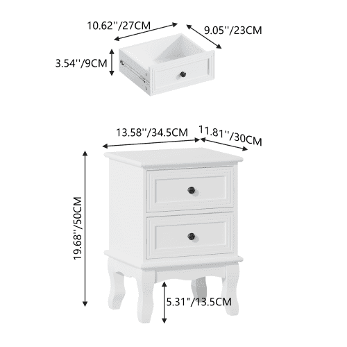 Modern Nightstand with 2 Drawers, French Country Bedside Table with Elegant Carved Legs, Small End Table for Bedroom, Living Room, Guest Room, White (1 PC)