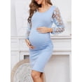 thumbnail image 2 of Floral Mesh Long Sleeve Maternity Midi Dress, Fall Maternity Bodycon Dress for Baby Shower/Photoshoot Light Blue S, 2 of 7