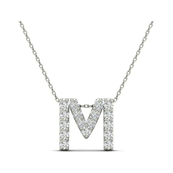 0.17 Carat Natural White Diamond Initial "M" Pendant Necklace For Women In 14K Yellow and White Gold with 18" Gold Cable Chain|Silver Chain