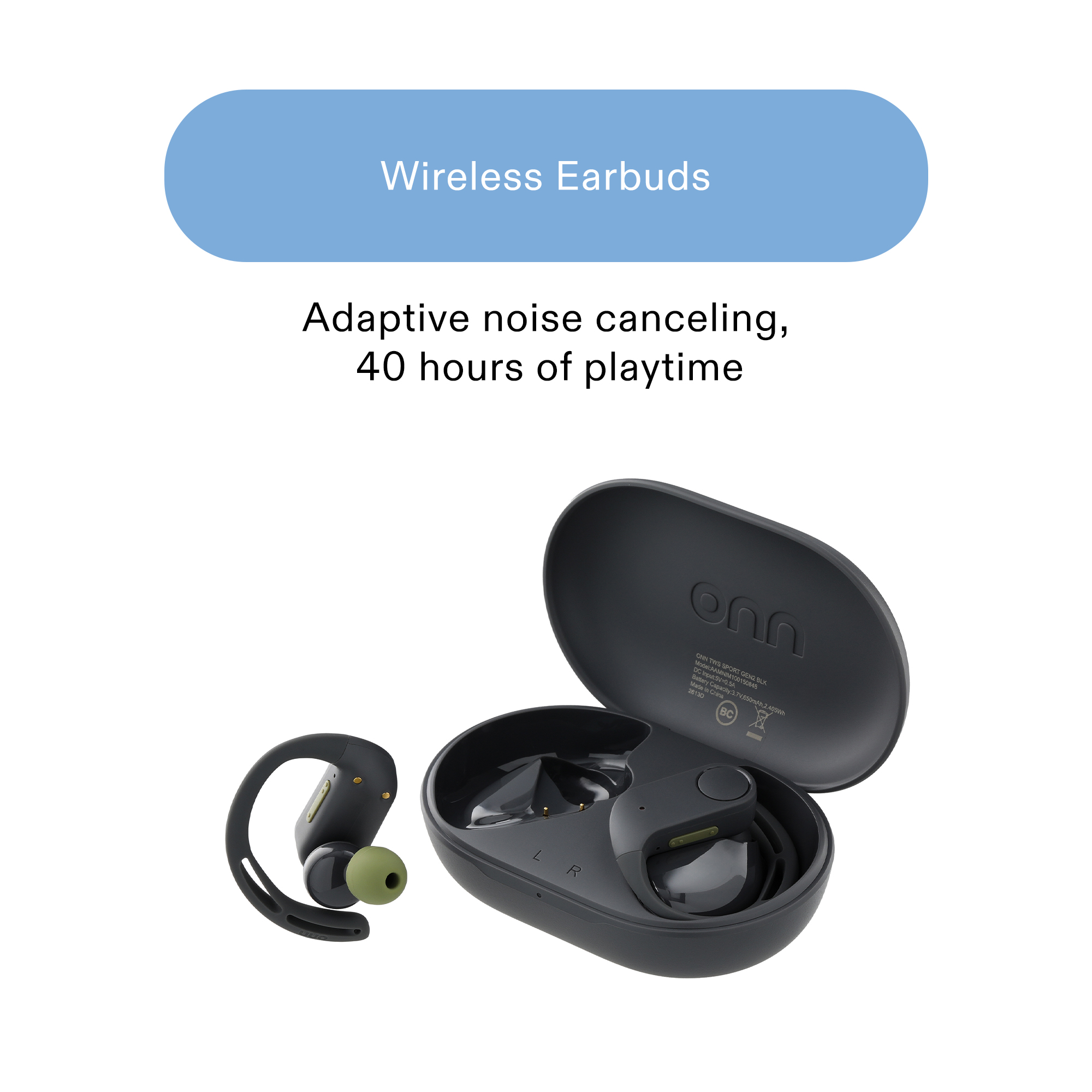 onn Wireless Sport Earbuds with Ear Hooks, Black photo 4