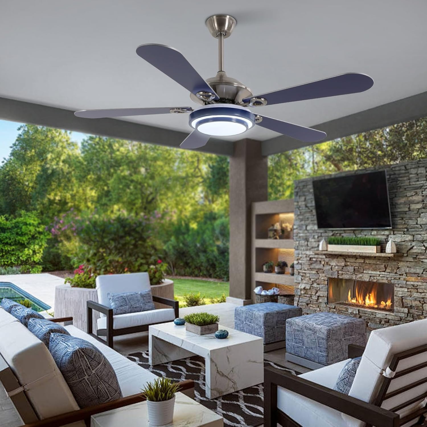 52" Ceiling Fans with Lights, Flush Mount Ceiling Fan Light with Remote Control, Reversible, Quiet, 6 Wind Speeds, Timing Function, for Bedroom Indoor Use, Blue