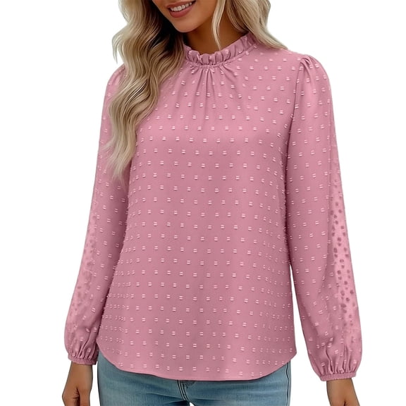 Annhoo Long Sleeve Shirts for Women Dressy Casual Pleated Crewneck Solid Color Loose Tops Spring Clothes