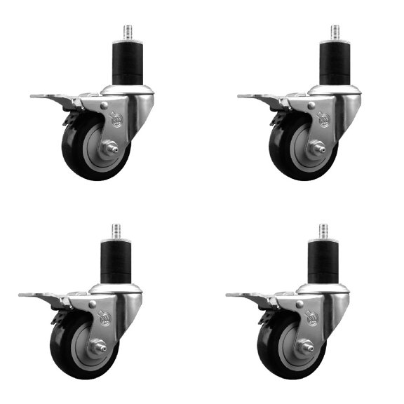 3 Inch Black Poly Swivel 1-3/4 Inch Expanding Stem Caster Set Total Lock Brake