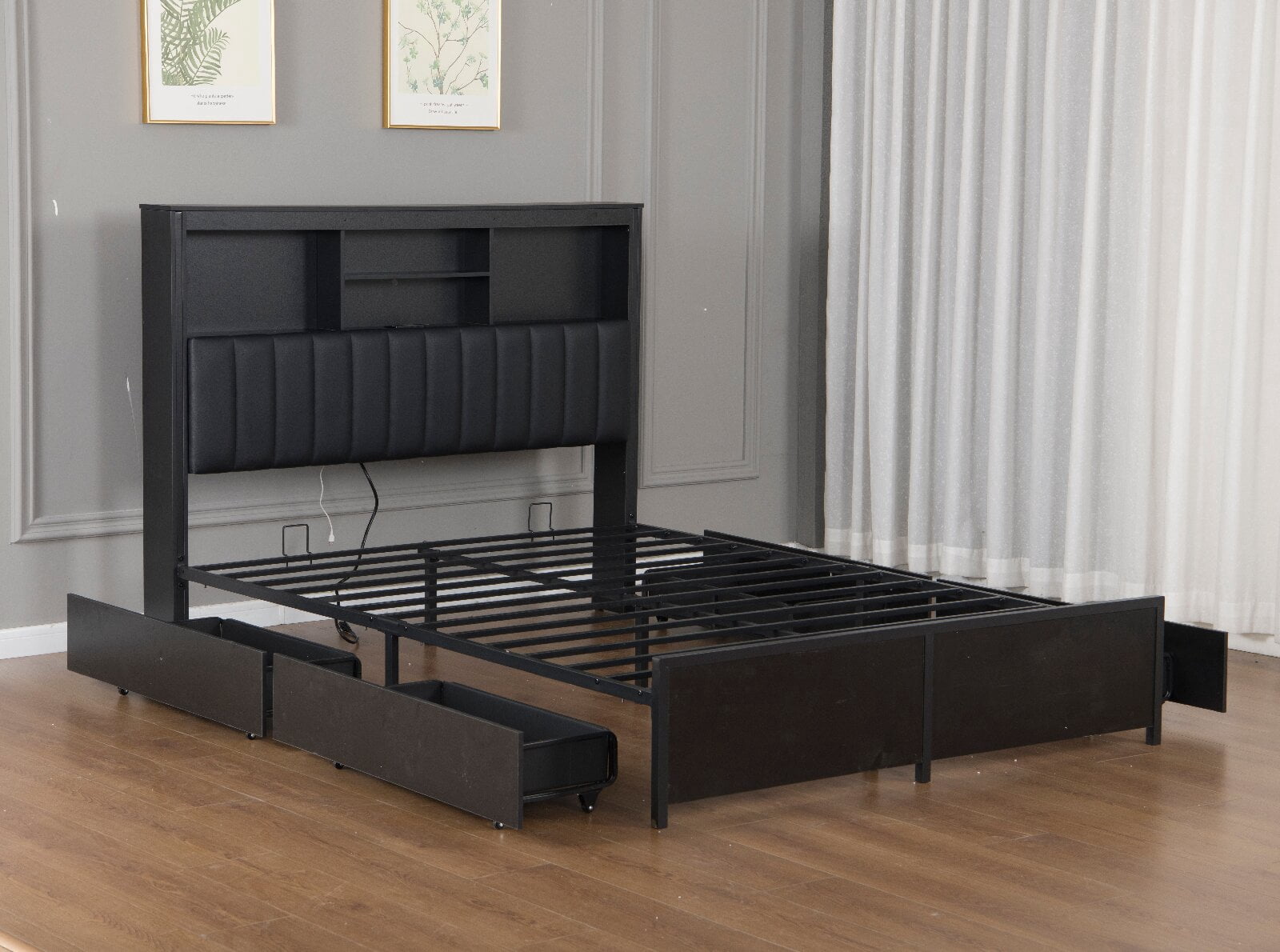 Queen Size Bed Frame with High Storage Headboard and Charging Station, All-Metal Support Bed Frame with LED light and  4 Storage Drawers for Bedroom, Apartment, Mattress not included, Black