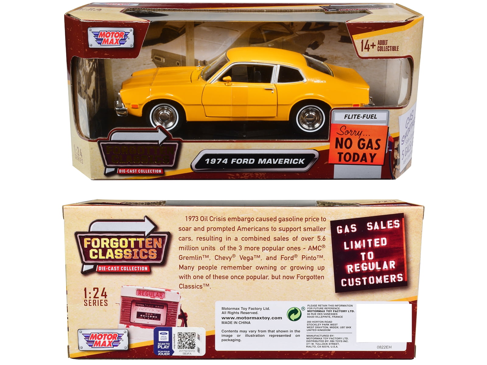 1974 Ford Maverick Yellow "Forgotten Classics" 1/24 Diecast Model Car by Motormax