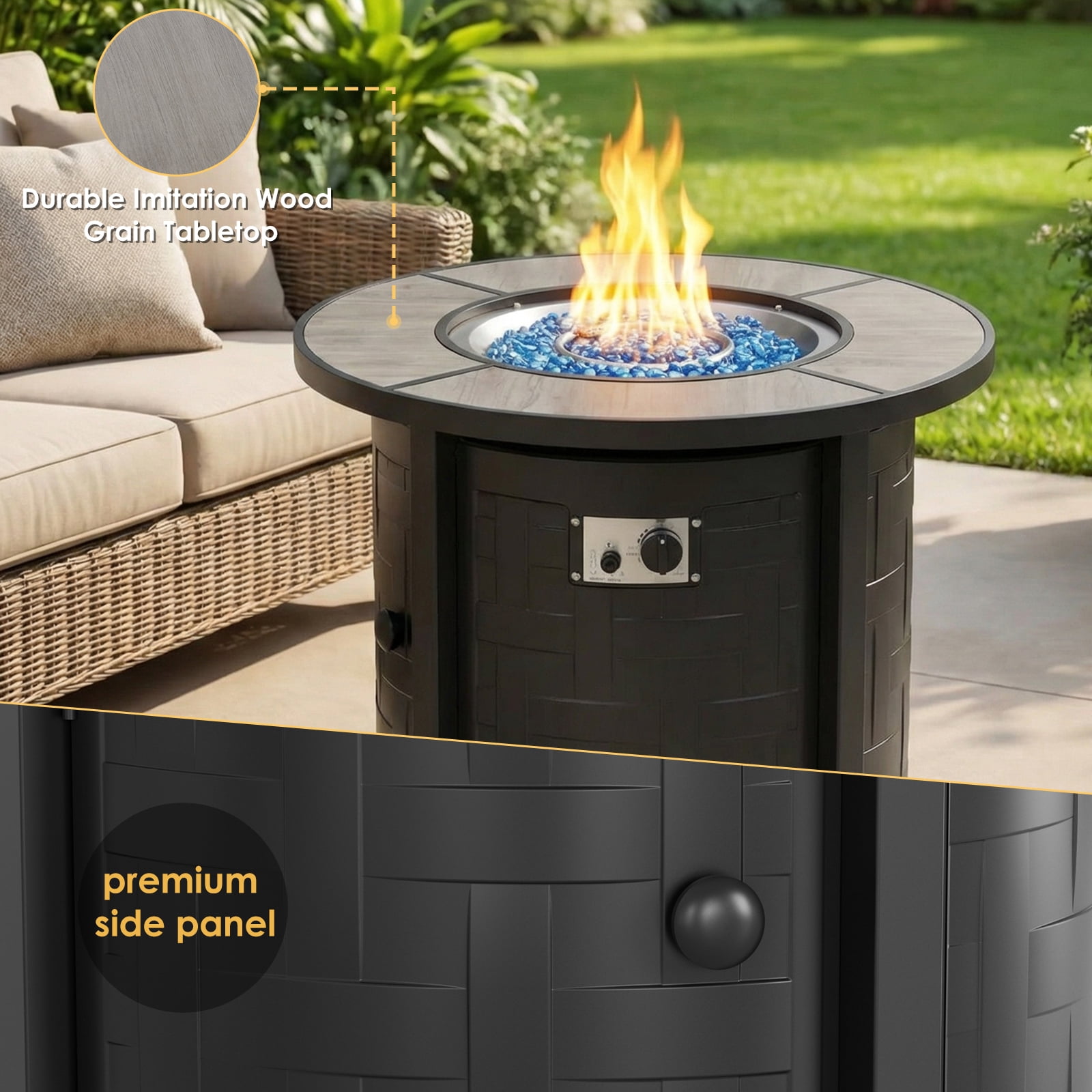 LIFERUN Propane Fire Pit Table 30in, with Waterproof Cover, Blue Stone and Lid, 50,000 BTU Auto-Ignition Round Gas, for Outside Patio, Gray
