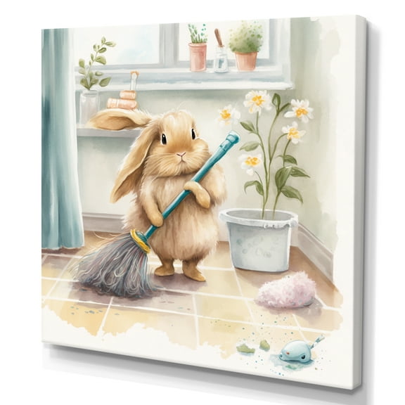 Designart Bunny Cleaning Bathroom IV Canvas Wall Art