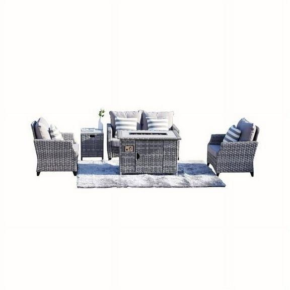 Upgraded 5-Piece Outdoor PE Rattan Patio Sofa Set with Gas Fire Pit Table Burner System and Cushions