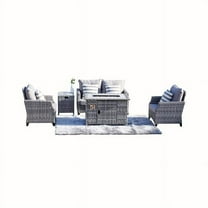 Upgraded 5-Piece Outdoor PE Rattan Patio Sofa Set with Gas Fire Pit Table Burner System and Cushions