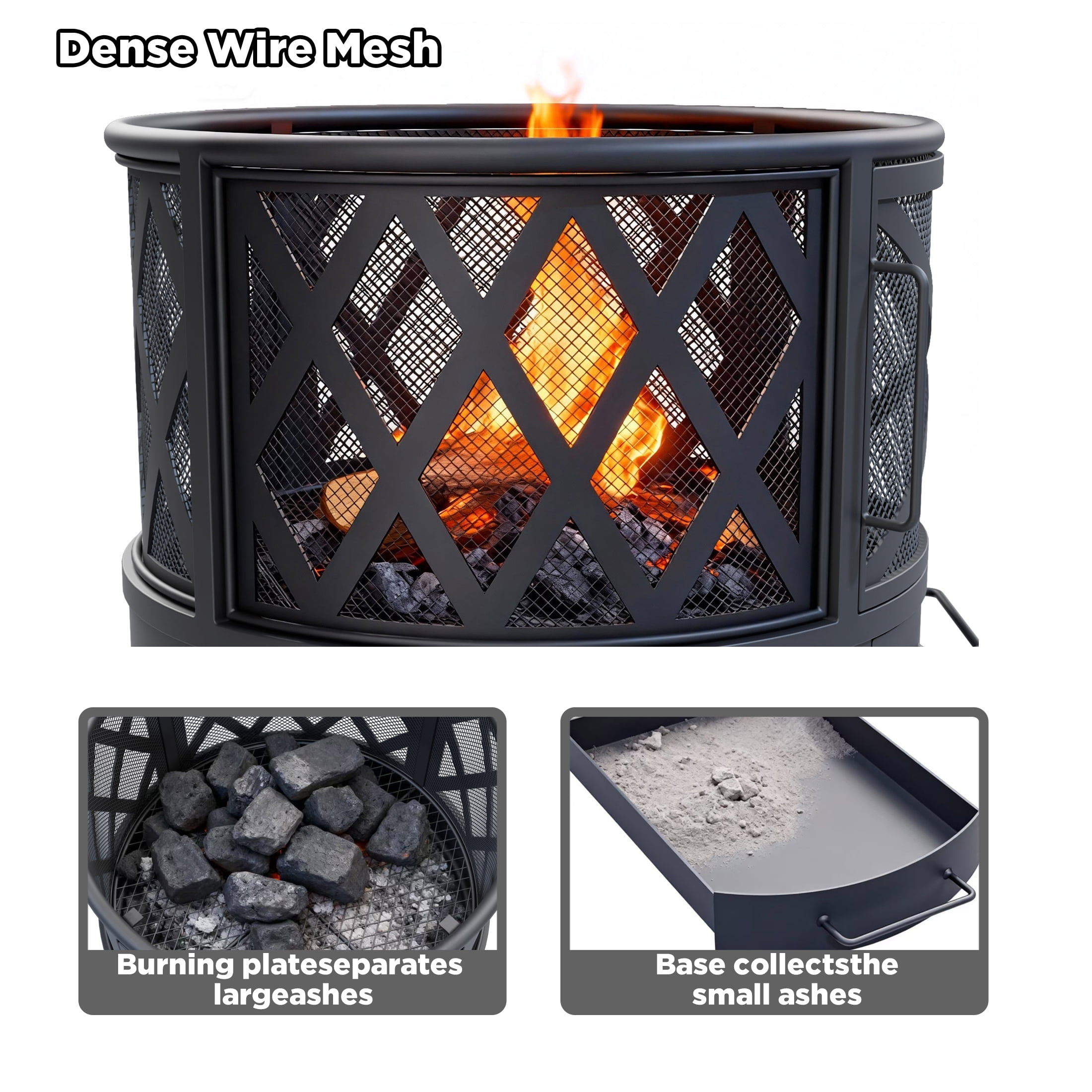 Outdoor 18" Mini Wood Burning Fireplace with Poker ,Fire Pit with Round Grill Top for BBQ,Black