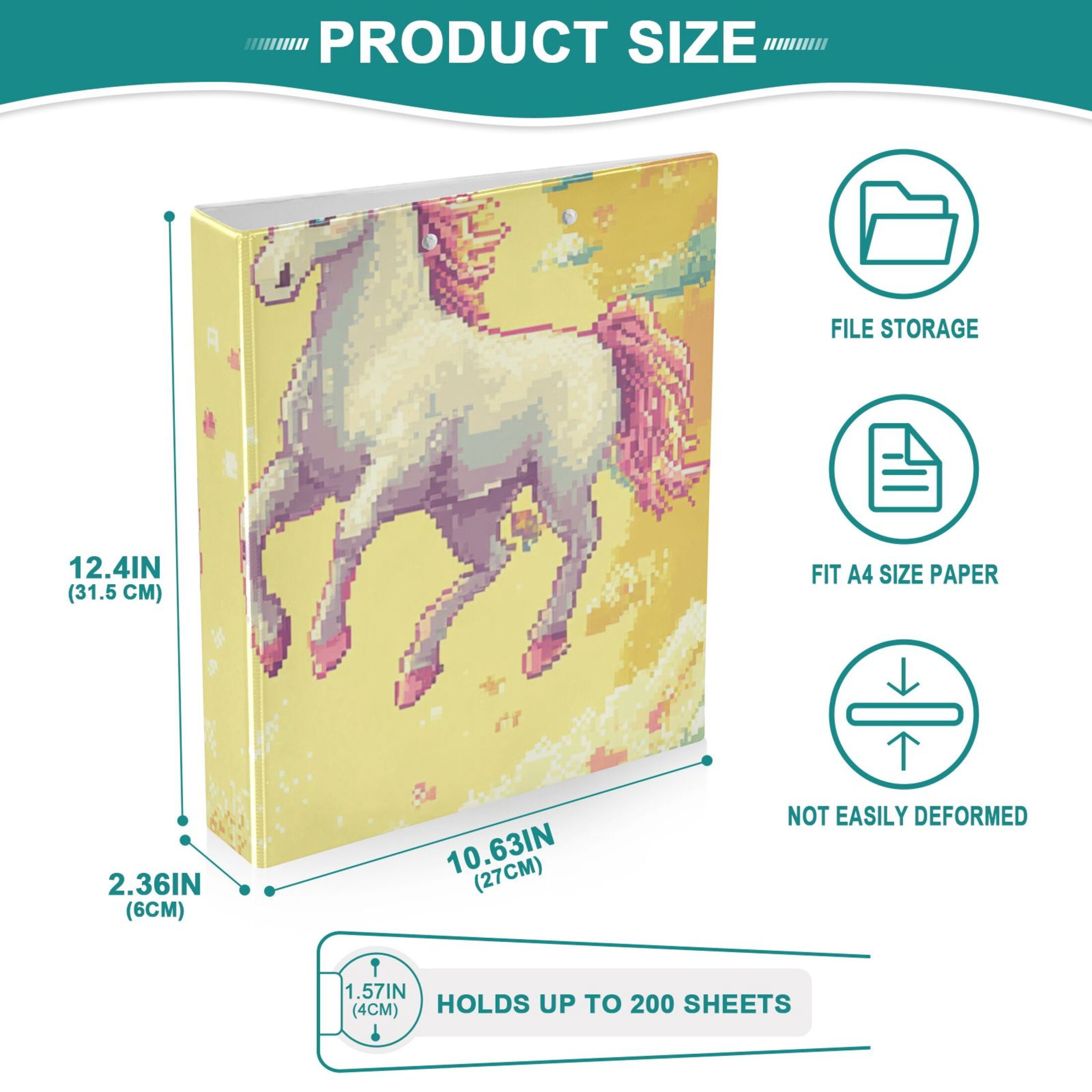 Pixel Unicorns in Clouds 3 Ring Binders 1.5 inch Hardcover File Folders with Interior Pockets A4 Size Organizer for School Office Hospital