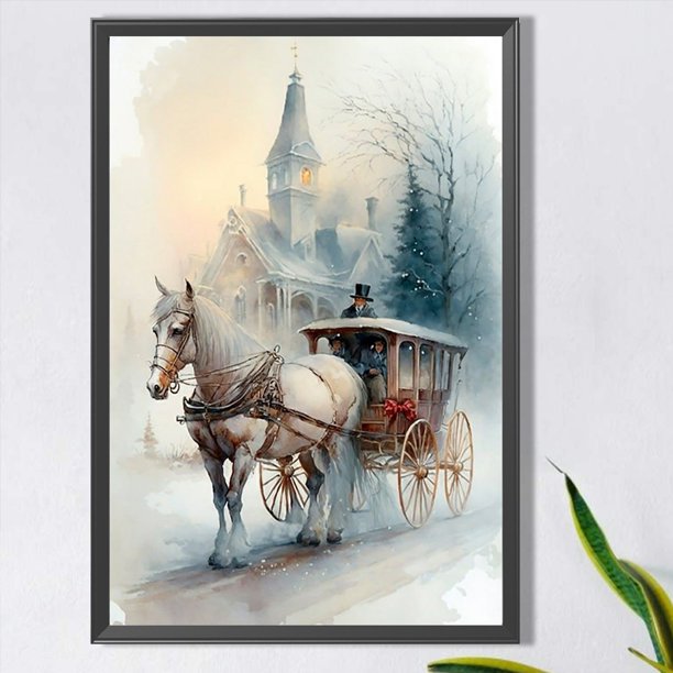 Pintura de diamante 5D DIY, Kit de carruajes de cabañas de nieve, decoración de taladro redondo completo, 40x60cm JShteea El nuevo