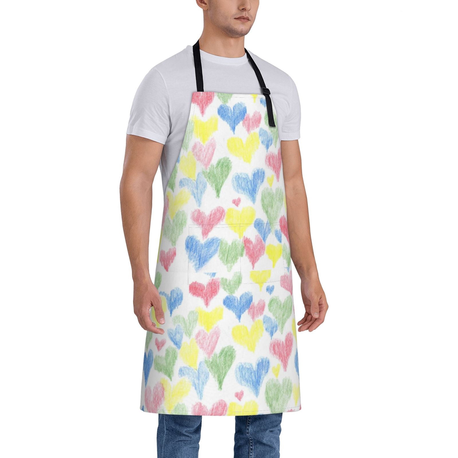 Kdxio Hand Drawn Colored Hearts Apron with Pockets Adjustable Kitchen Aprons for Men Women Waterproof Aprons for Cooking,Drawing,Crafting, Baking Household Cleaning