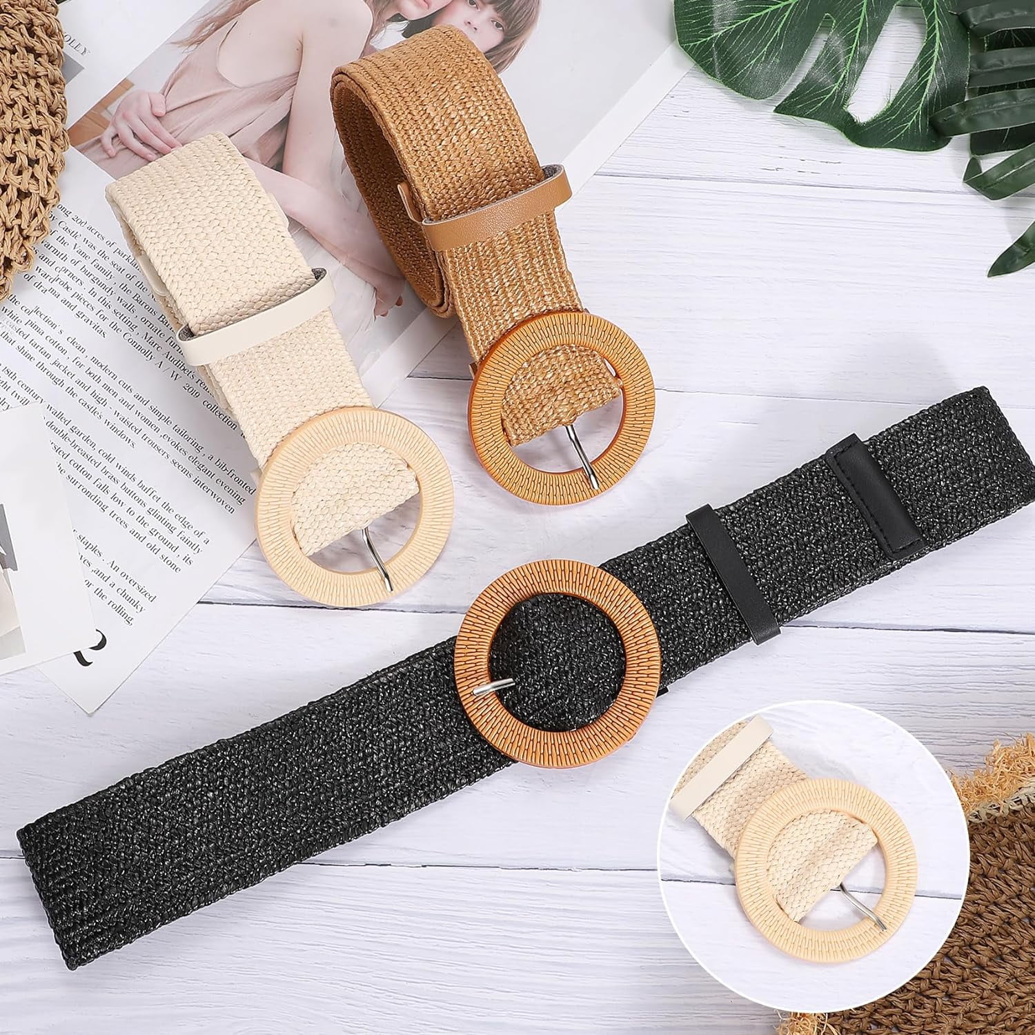 Straw Woven Elastic Stretch Belt for Women Raffia Dress Waist Band Boho Braided JASGOOD Straw Woven Elastic Stretch Belts Women Raffia Dress  main image 2